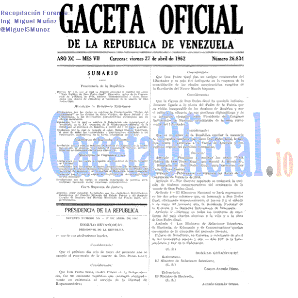 Gaceta Oficial 26834 del 27 Abril 1962