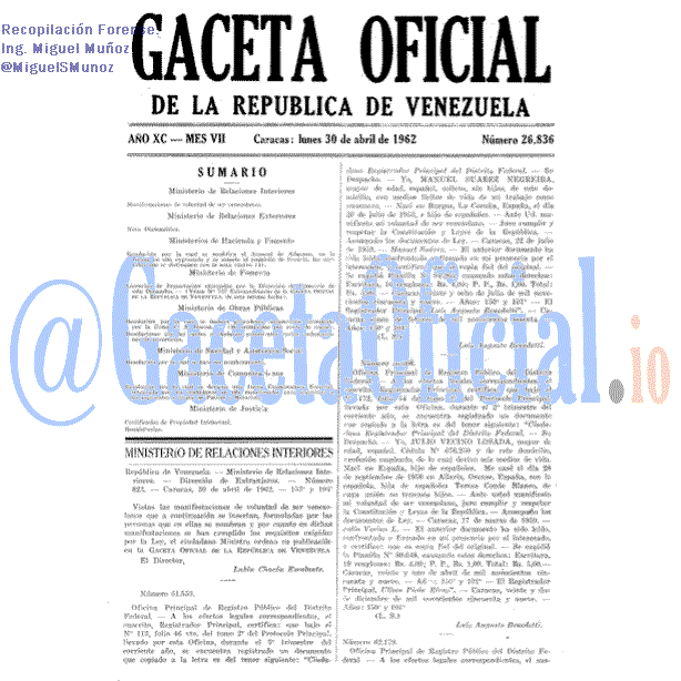 Gaceta Oficial 26836 del 30 Abril 1962