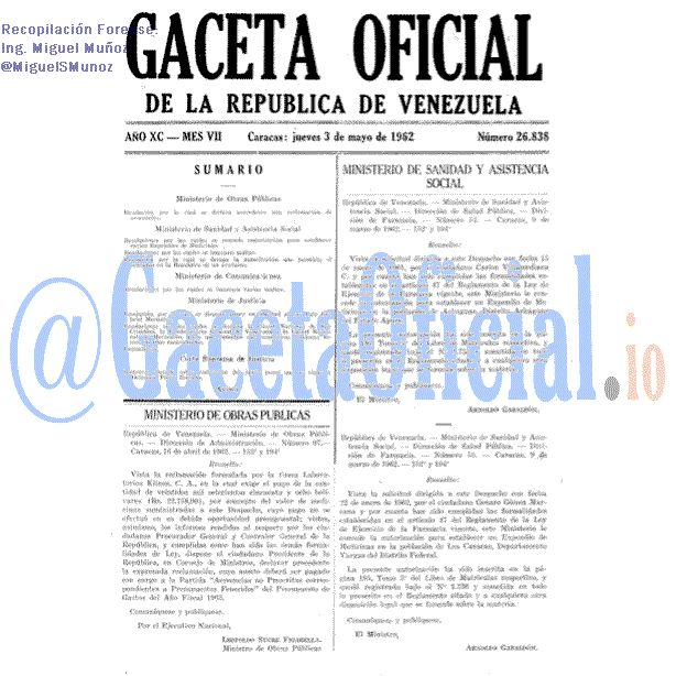 Gaceta Oficial 26838 del 3 Mayo 1962