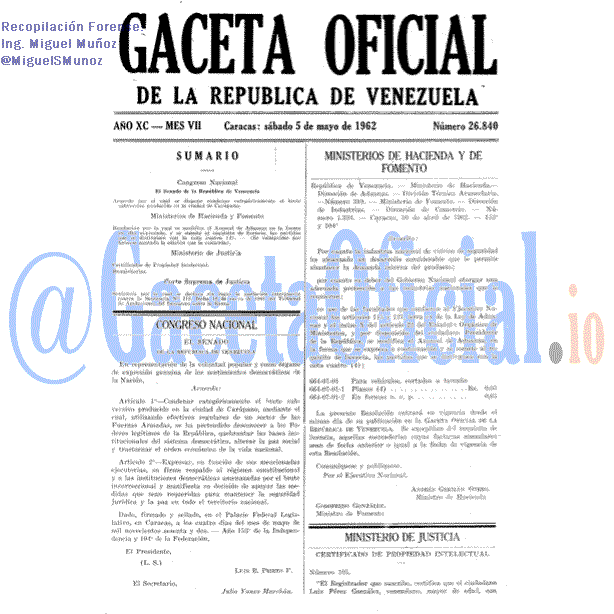 Gaceta Oficial 26840 del 5 Mayo 1962