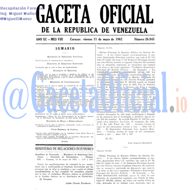 Gaceta Oficial 26845 del 11 Mayo 1962