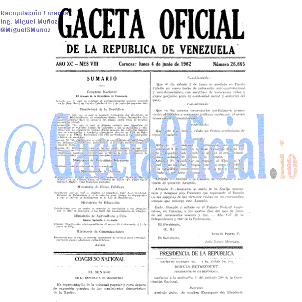 Gaceta Oficial 26865 del 4 Junio 1962