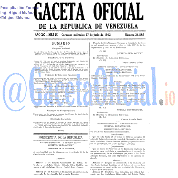 Gaceta Oficial 26885 del 27 Junio 1962
