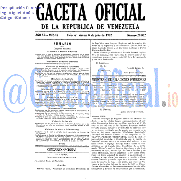 Gaceta Oficial 26892 del 6 Julio 1962