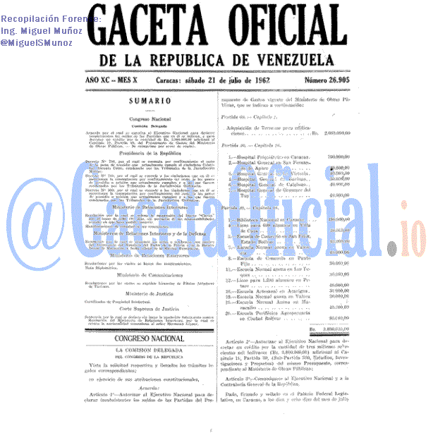 Gaceta Oficial 26905 del 21 Julio 1962