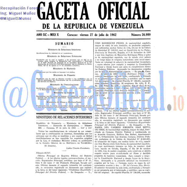 Gaceta Oficial 26909 del 27 Julio 1962
