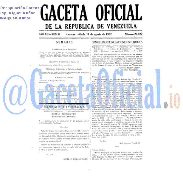 Gaceta Oficial 26922 del 11 Agosto 1962