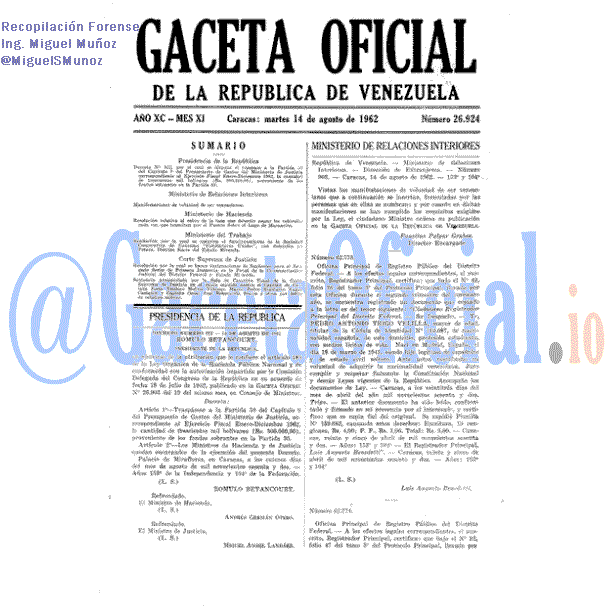 Gaceta Oficial 26924 del 14 Agosto 1962