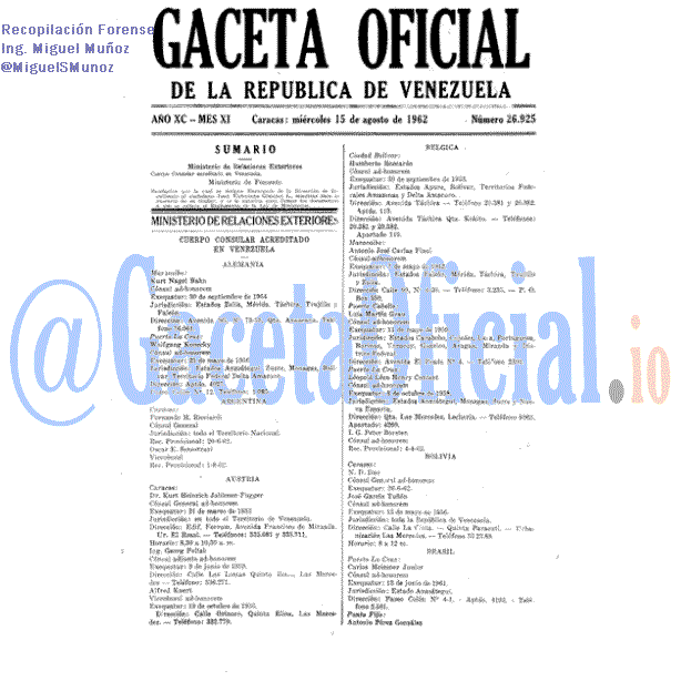 Gaceta Oficial 26925 del 15 Agosto 1962