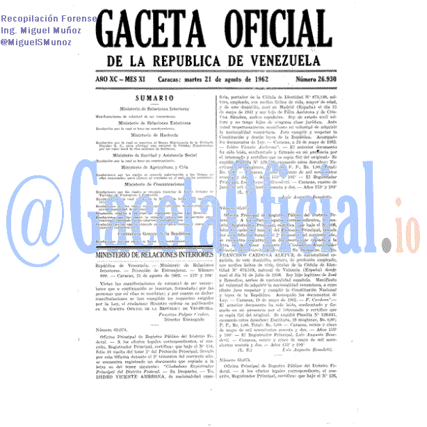 Gaceta Oficial 26930 del 21 Agosto 1962