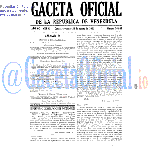 Gaceta Oficial 26939 del 31 Agosto 1962