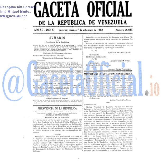 Gaceta Oficial 26945 del 7 Septiembre 1962