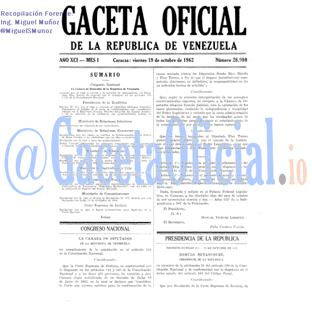 Gaceta Oficial 26980 del 19 Octubre 1962