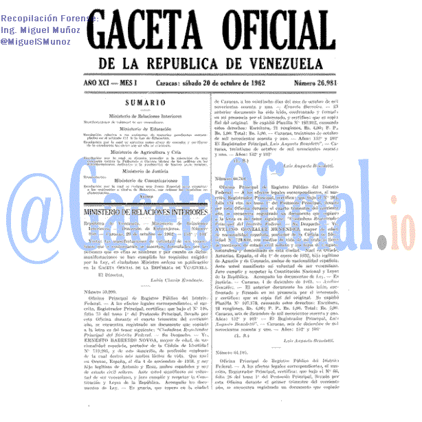 Gaceta Oficial 26981 del 20 Octubre 1962