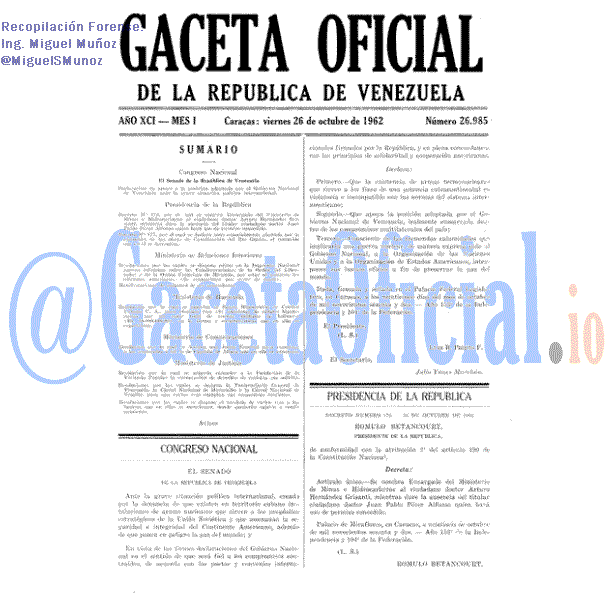 Gaceta Oficial 26985 del 26 Octubre 1962