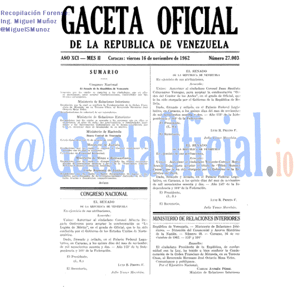 Gaceta Oficial 27003 del 16 Noviembre 1962