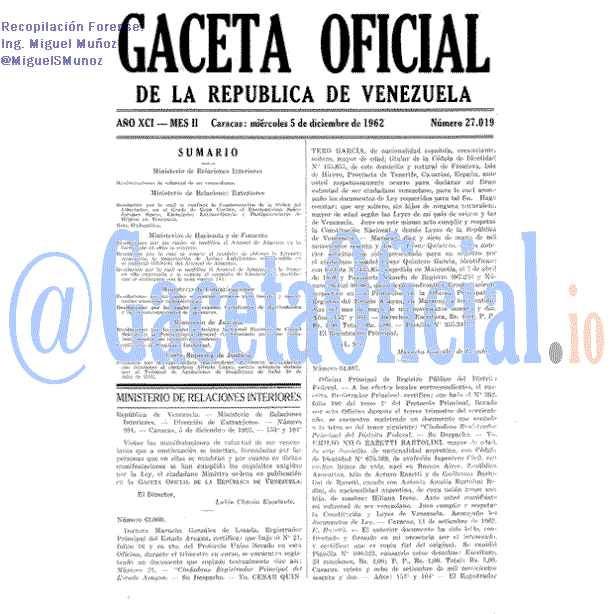 Gaceta Oficial 27019 del 5 Diciembre 1962