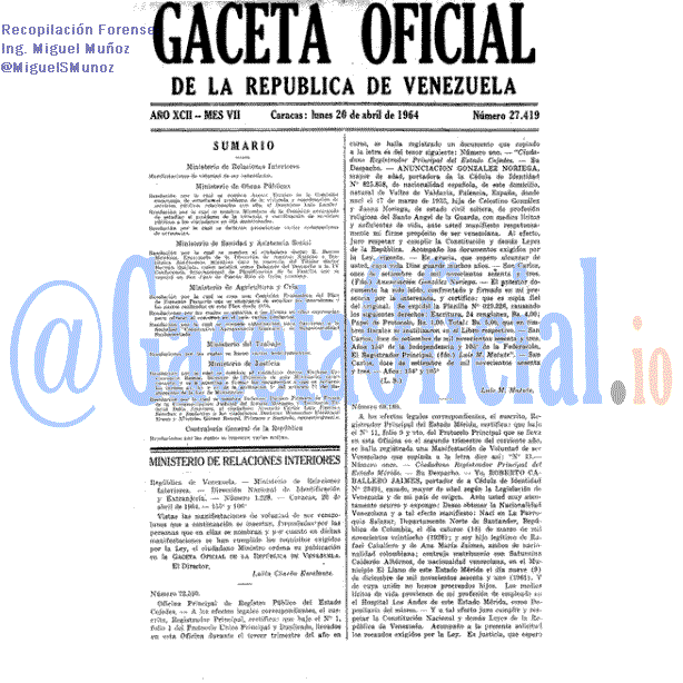 Gaceta Oficial 27419 del 20 Abril 1964