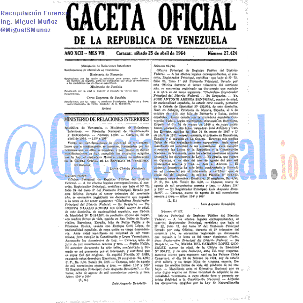 Gaceta Oficial 27424 del 25 Abril 1964