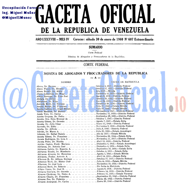 Gaceta Oficial 607 del 30 Enero 1960