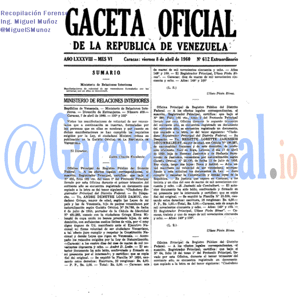 Gaceta Oficial 612 del 8 Abril 1960