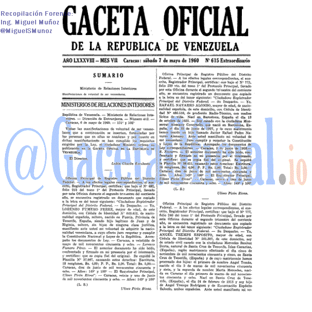 Gaceta Oficial 615 del 7 Mayo 1960