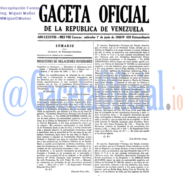 Gaceta Oficial 620 del 1 Junio 1960
