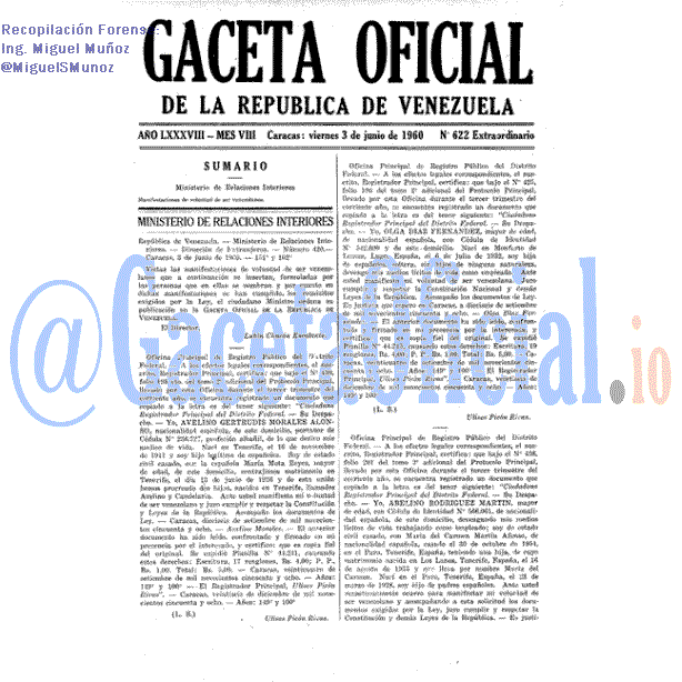 Gaceta Oficial 622 del 3 Junio 1960