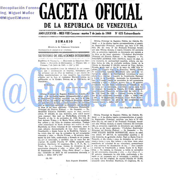 Gaceta Oficial 625 del 7 Junio 1960