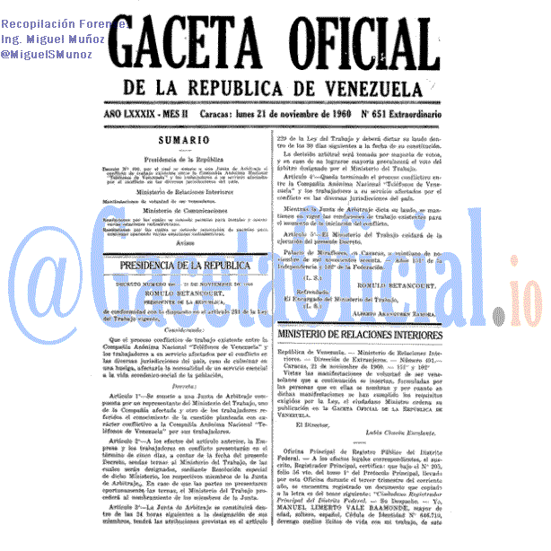 Gaceta Oficial 651 del 21 Noviembre 1960