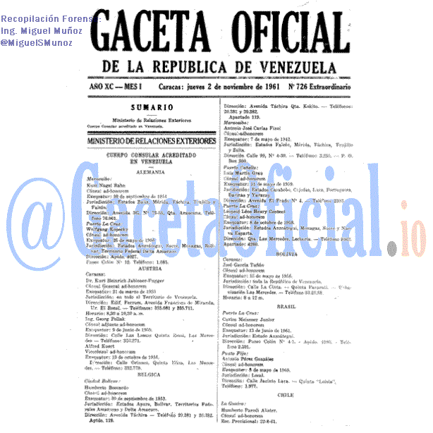 Gaceta Oficial 726 del 2 Noviembre 1961