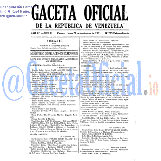 Gaceta Oficial 733 del 20 Noviembre 1961