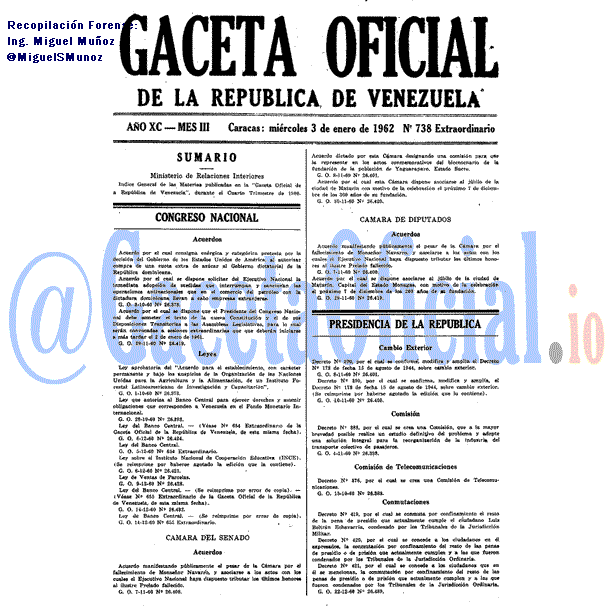 Gaceta Oficial 738 del 3 Enero 1962
