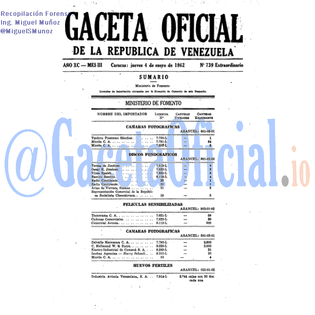 Gaceta Oficial 739 del 4 Enero 1962