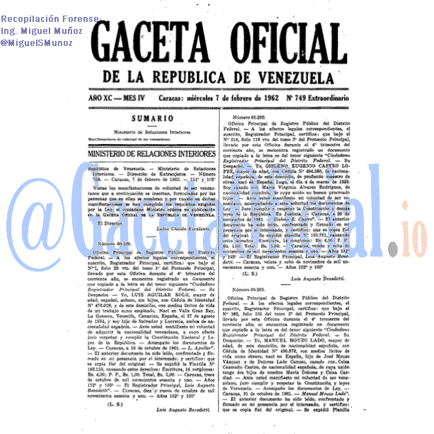 Gaceta Oficial 749 del 7 Febrero 1962