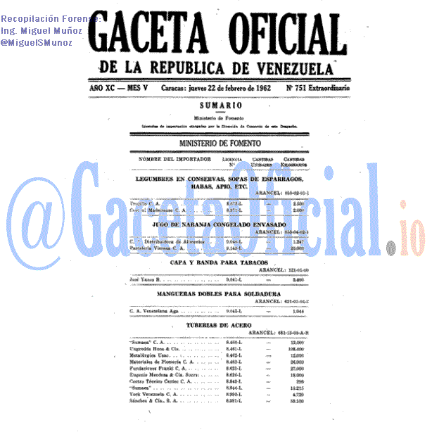 Gaceta Oficial 751 del 22 Febrero 1962