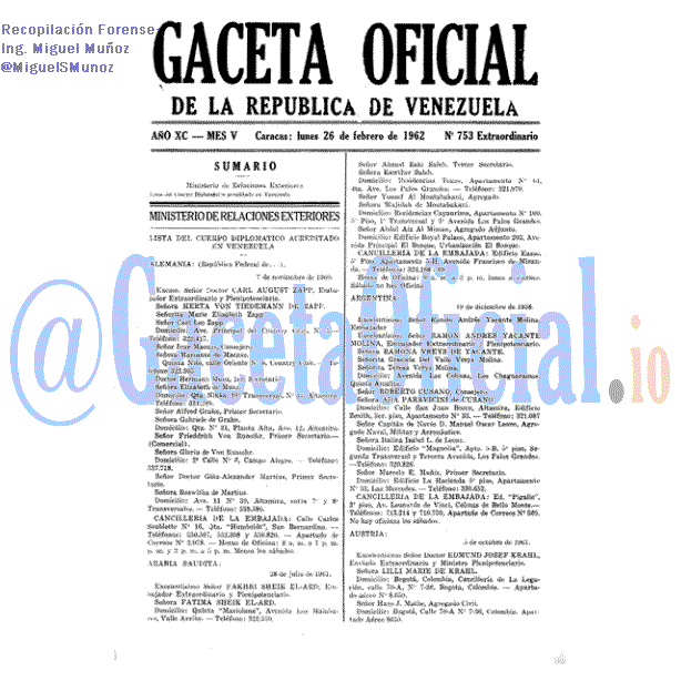 Gaceta Oficial 753 del 26 Febrero 1962