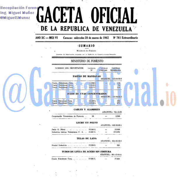 Gaceta Oficial 761 del 28 Marzo 1962