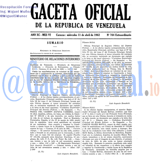 Gaceta Oficial 764 del 11 Abril 1962