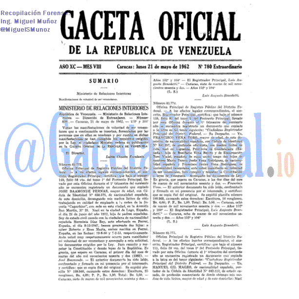 Gaceta Oficial 780 del 21 Mayo 1962