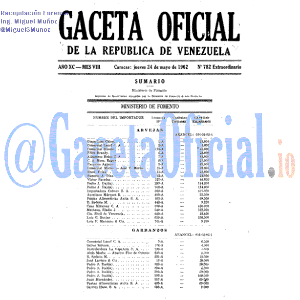Gaceta Oficial 782 del 24 Mayo 1962
