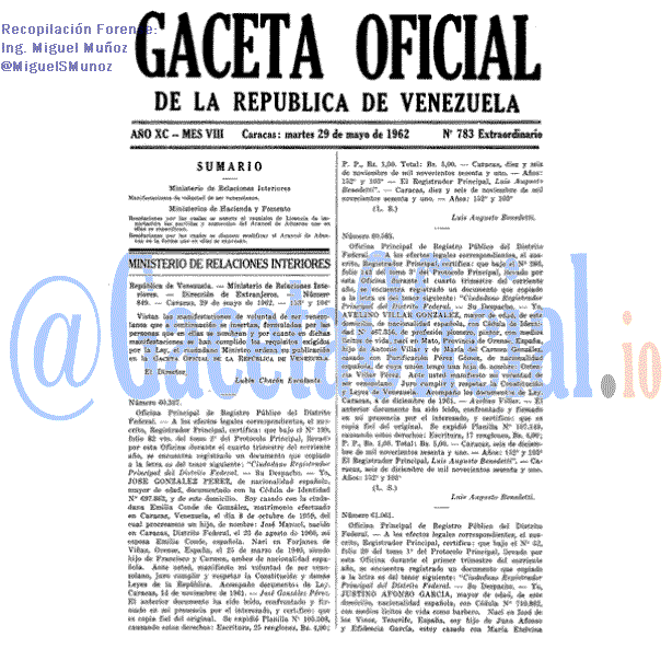 Gaceta Oficial 783 del 29 Mayo 1962