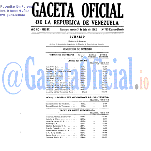 Gaceta Oficial 795 del 3 Julio 1962