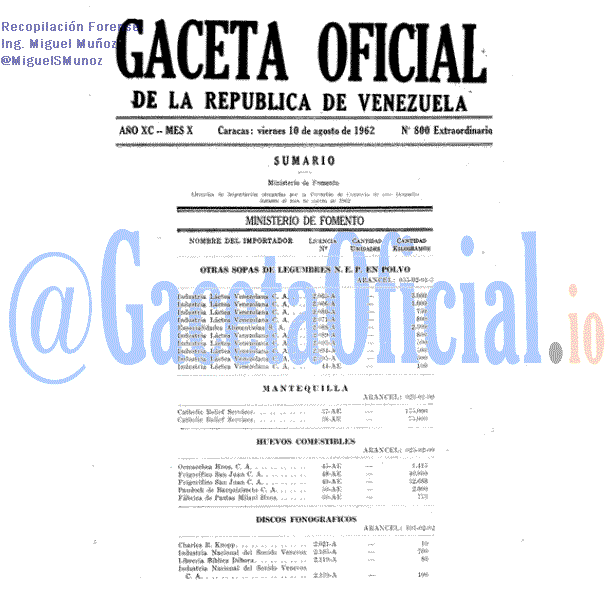 Gaceta Oficial 800 del 10 Agosto 1962