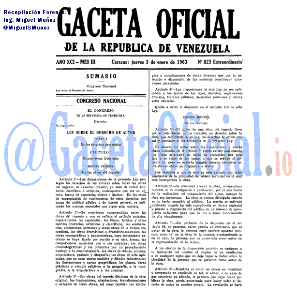 Gaceta Oficial 823 del 3 Enero 1963