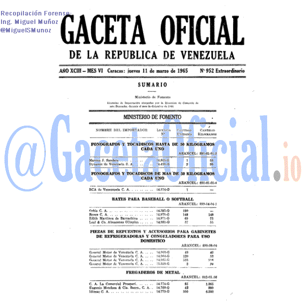 Gaceta Oficial 952 del 11 Marzo 1965