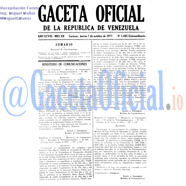 Gaceta Oficial 1485 del 7 Octubre 1971