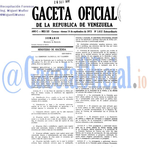 Gaceta Oficial 1612 del 14 Septiembre 1973