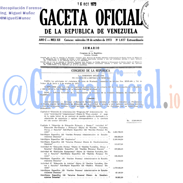 Gaceta Oficial 1617 del 10 Octubre 1973