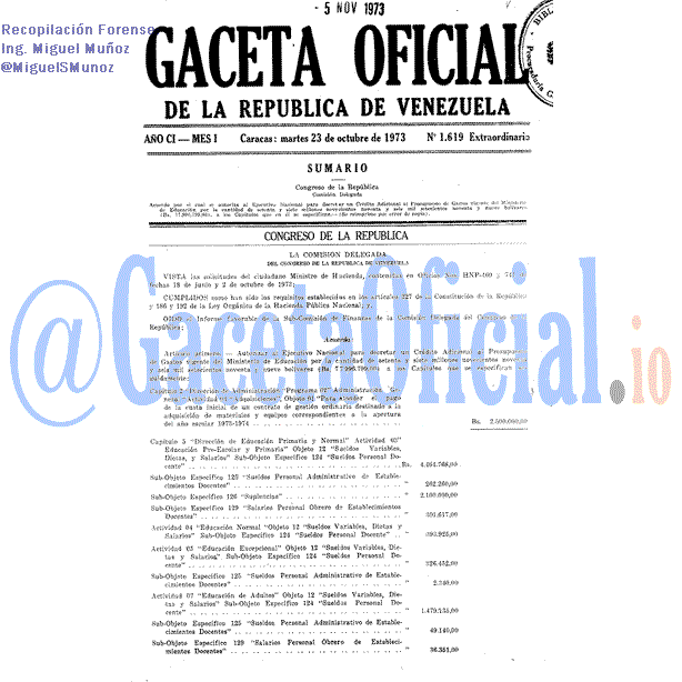 Gaceta Oficial 1619 del 23 Octubre 1973